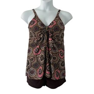 Zando Women's Tankini Boy Shorts Brown Geometric Two-Piece Padded Adjustable 3XL